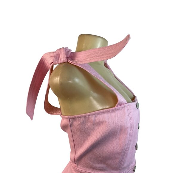 5a7 Pink Button-Front Mini Dress With Tie Straps & Pockets Size 8 - New - Picture 4 of 10